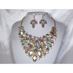 AB rhinestone necklace set, bridal wedding necklace, prom statement necklace